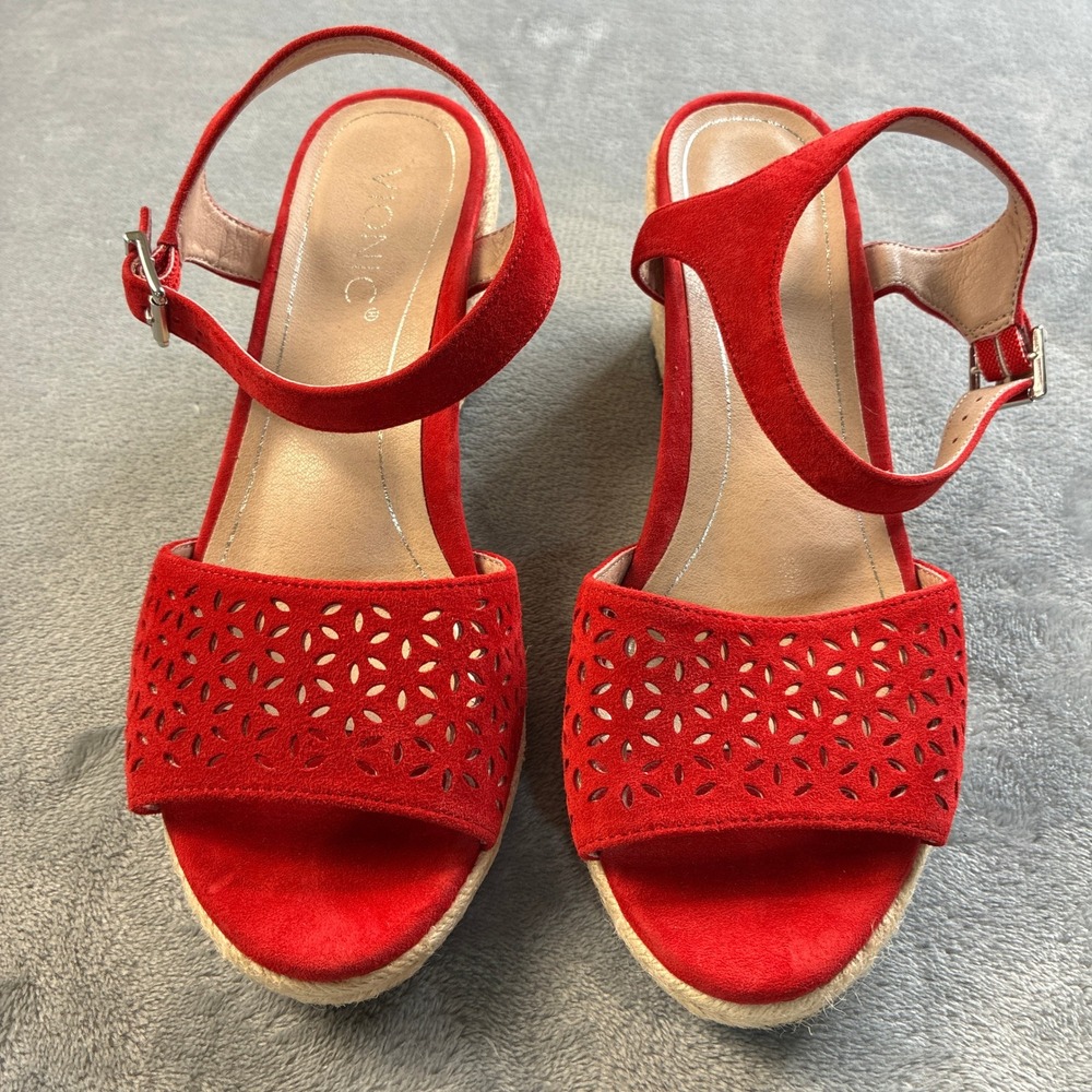 Vionic Ariel Red Suede Laser Cut Espadrille Wedge Sandals Womens 8M VS387 - Picture 1 of 16